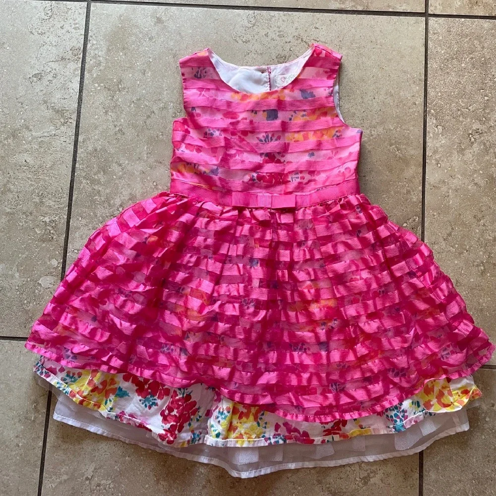 Children's Place 4T girls hot pink Party puffy‎ Dress Floral Ruffle Sleeveless